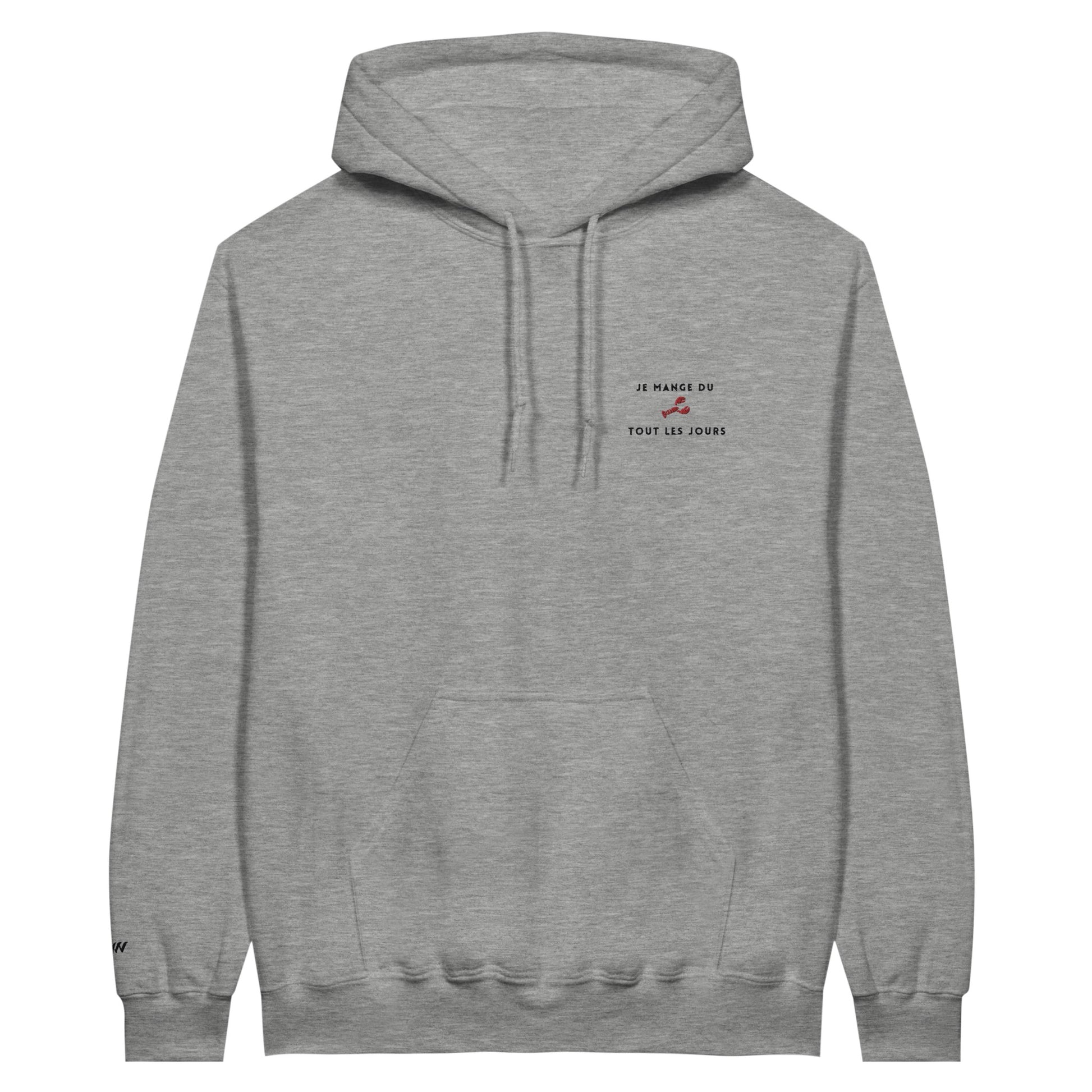 sweat gris clair brodé je mange du homard tout les jours référence politique melenchon