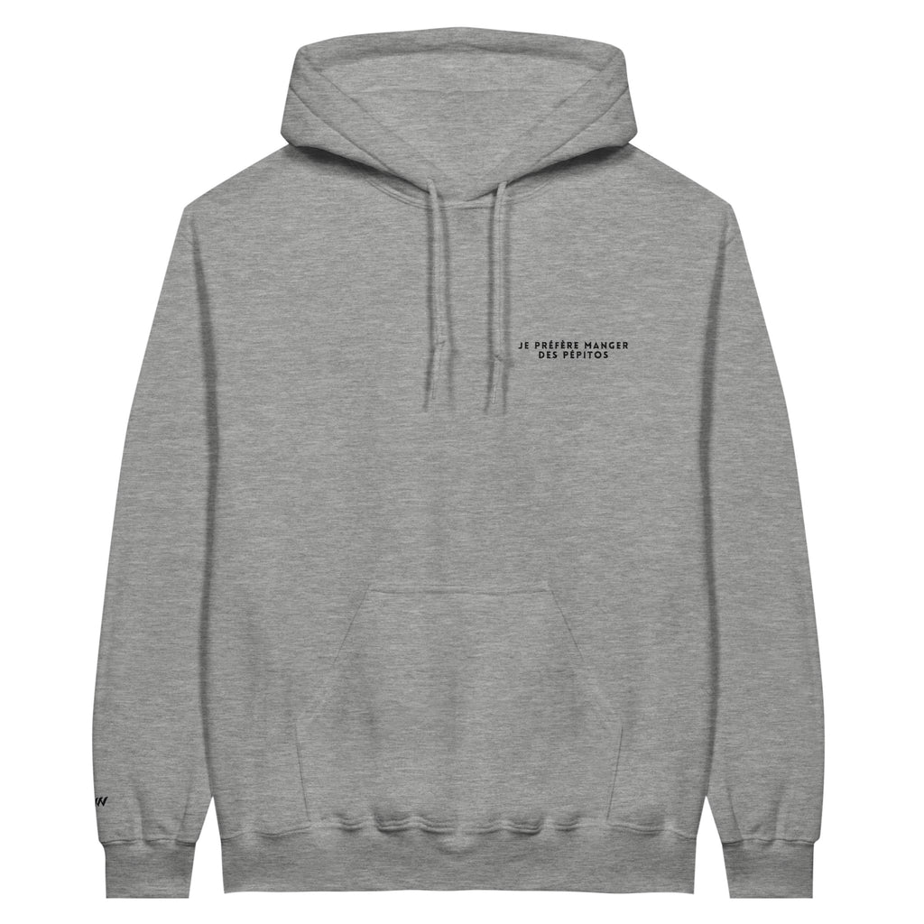 sweat gris clair brodé je préfère manger des pepitos référence politique tanguy
