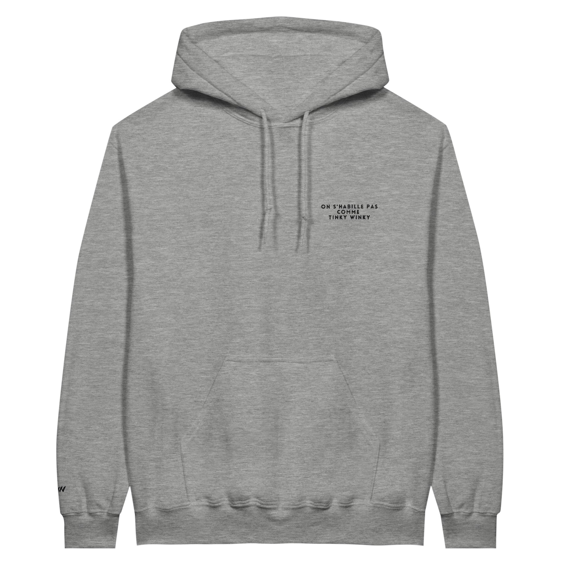 sweat gris clair brodé on s'habille pas comme tinky winky référence politique bardella