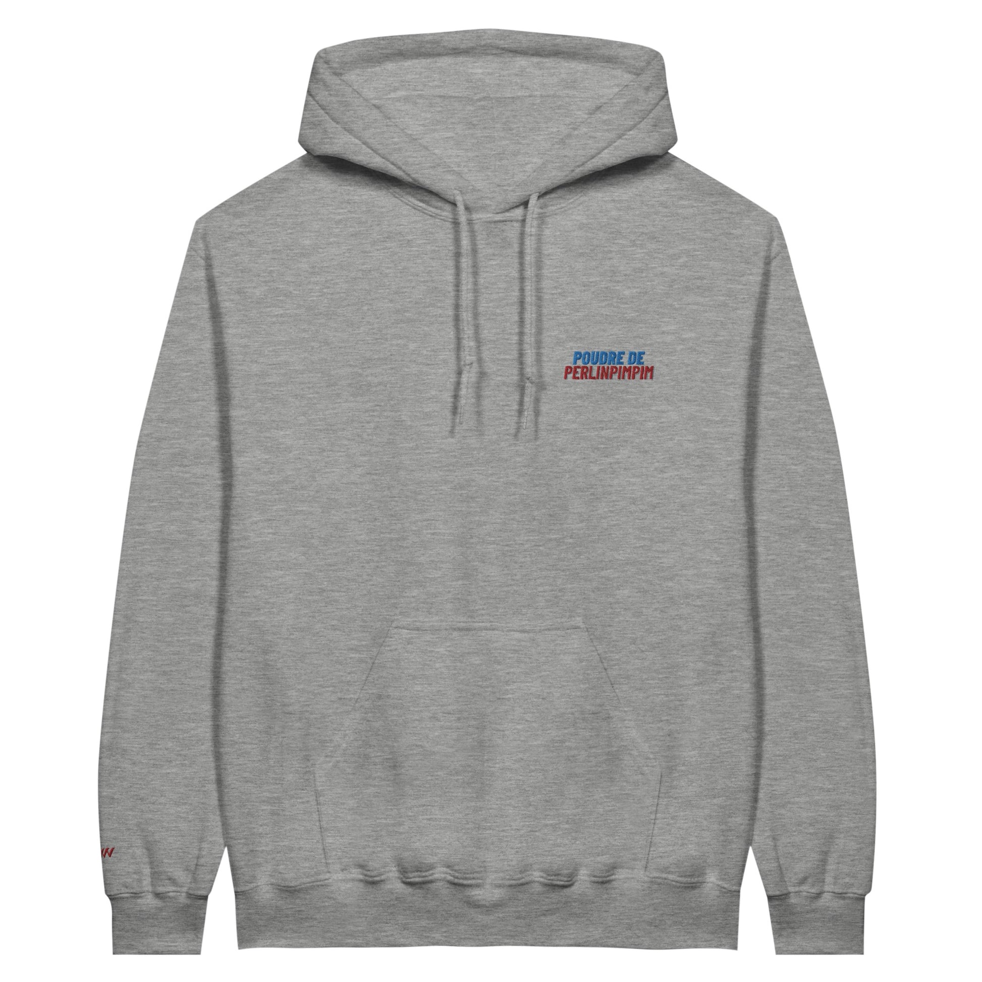 sweat gris clair brodé poudre de perlinpimpim référence politique macron