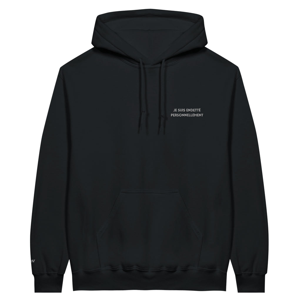 sweat noir je suis endette personnellement brodé reference politique macron