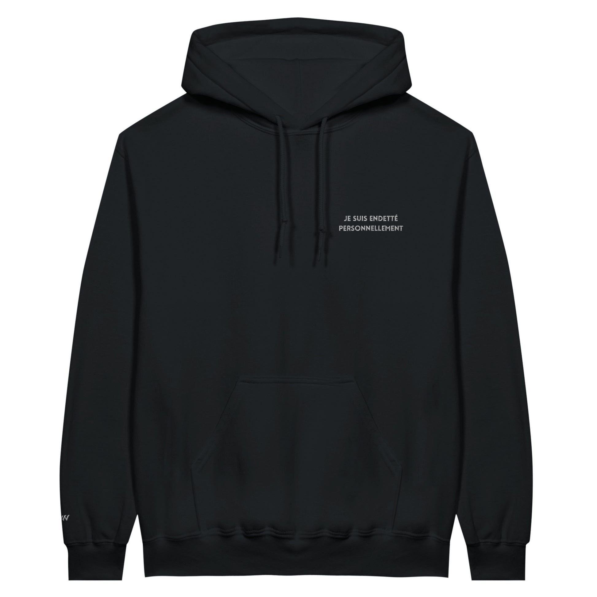 sweat noir je suis endette personnellement brodé reference politique macron