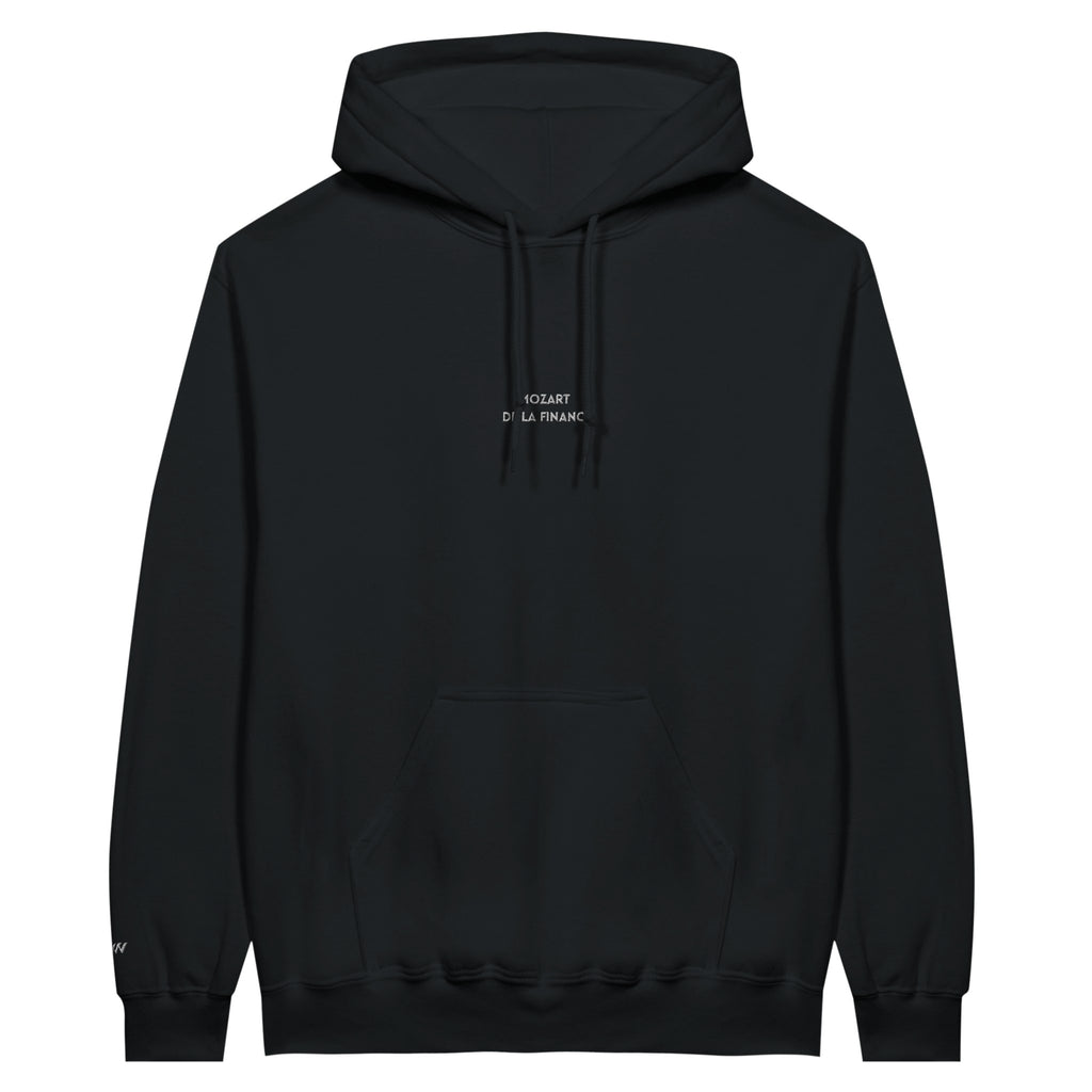 sweat noir brodé mozart de la finance référence politique macron