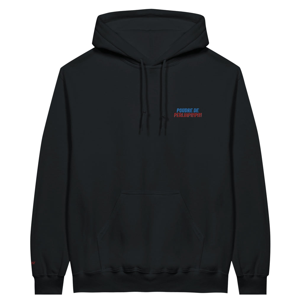 sweat noir brodé poudre de perlinpimpim référence politique macron