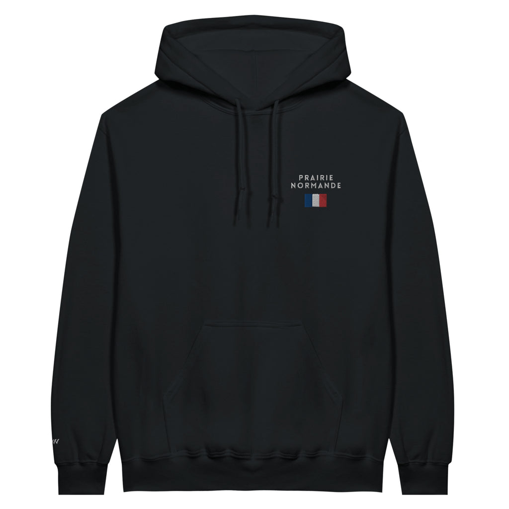 sweat noir brodé prairie normande référence politique bardella