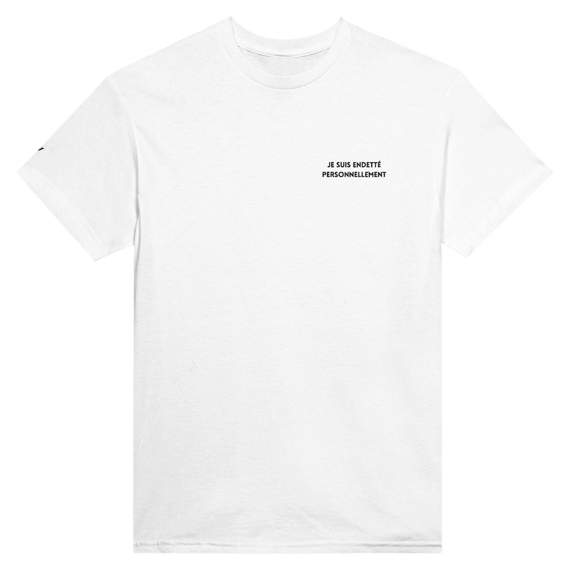 t-shirt blanc brodé je suis endette personnellement référence politique macron