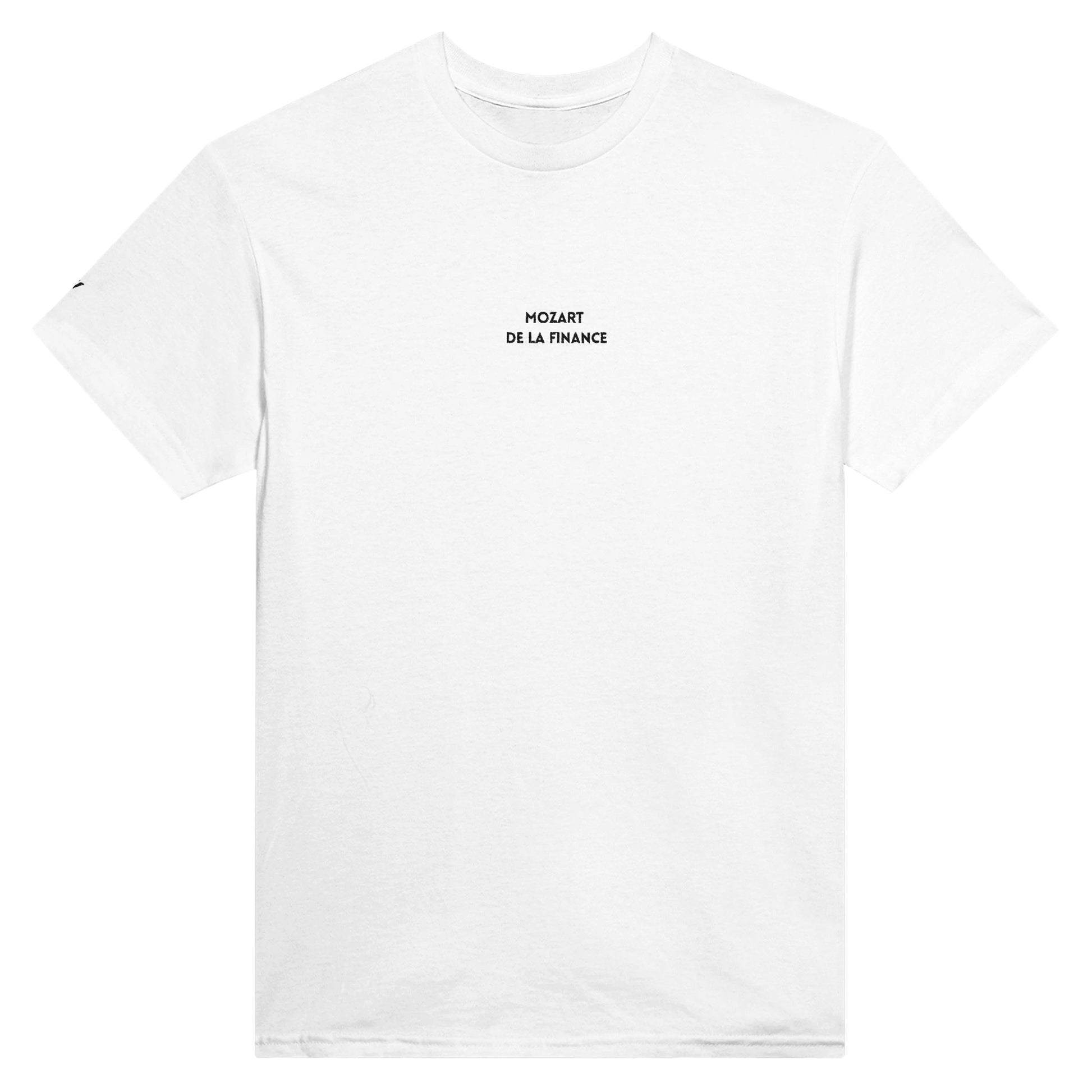 t-shirt blanc bordé mozart de la finance référence politique macron