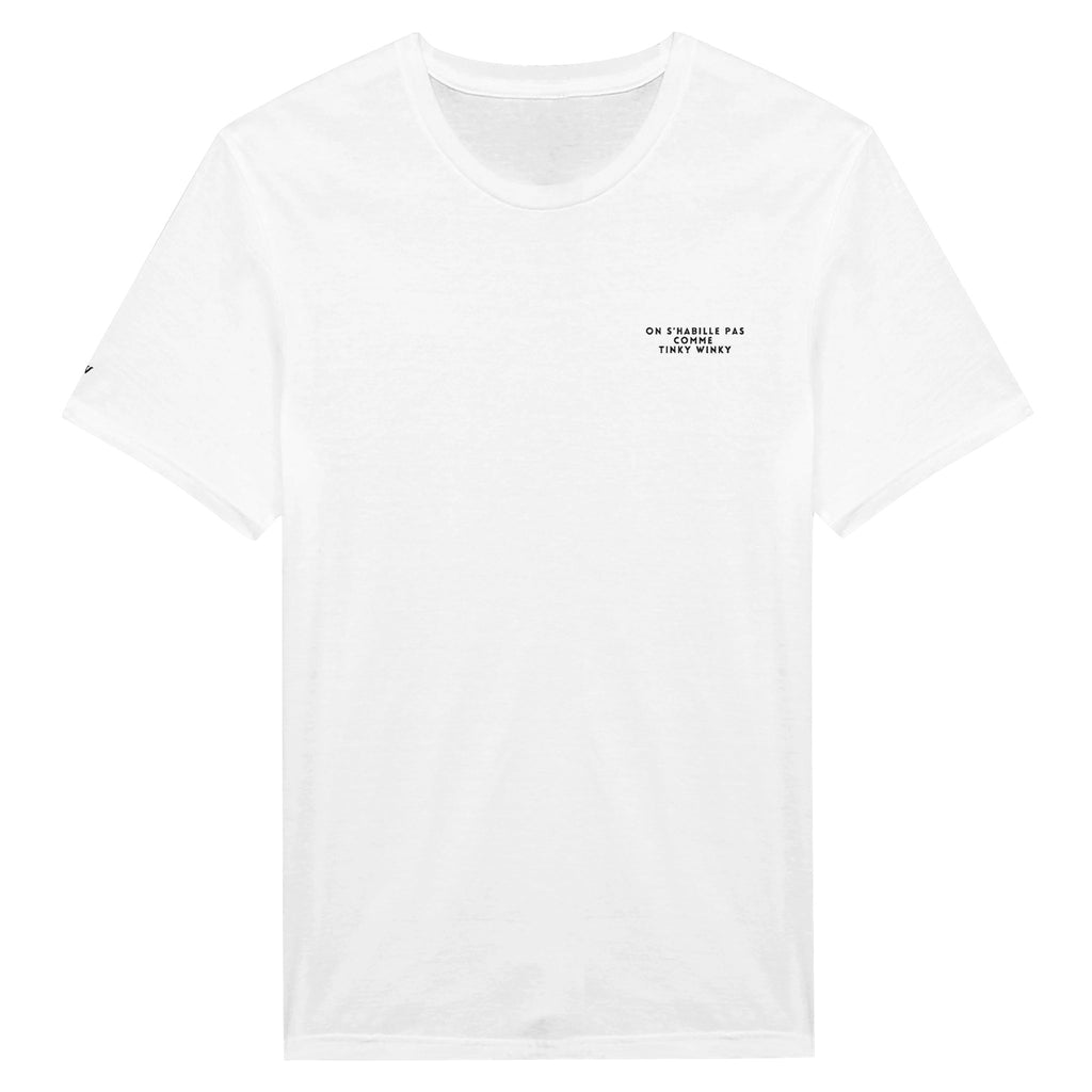 t-shirt blanc brodé on s'habille pas comme tinky winky référence politique bardella