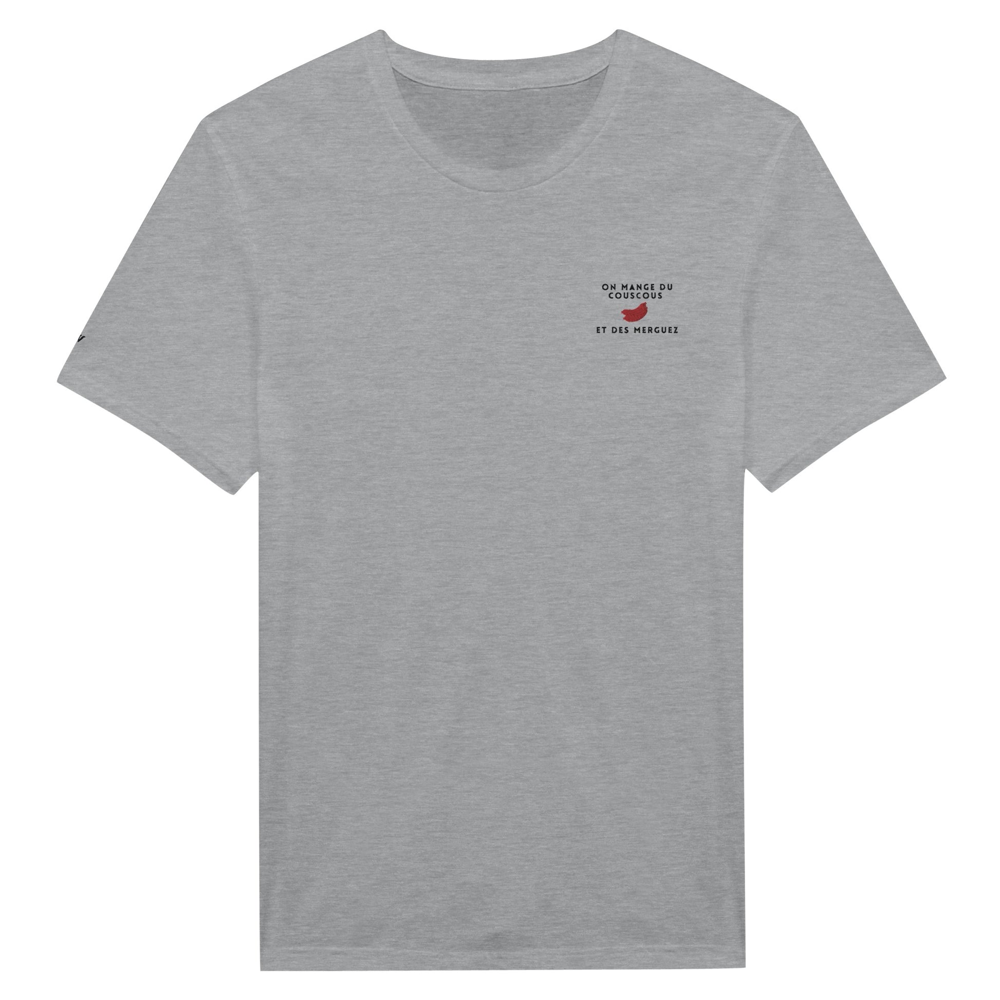 t-shirt gris clair brodé on mange du couscous et des merguez tout les jours reference politique lfi
