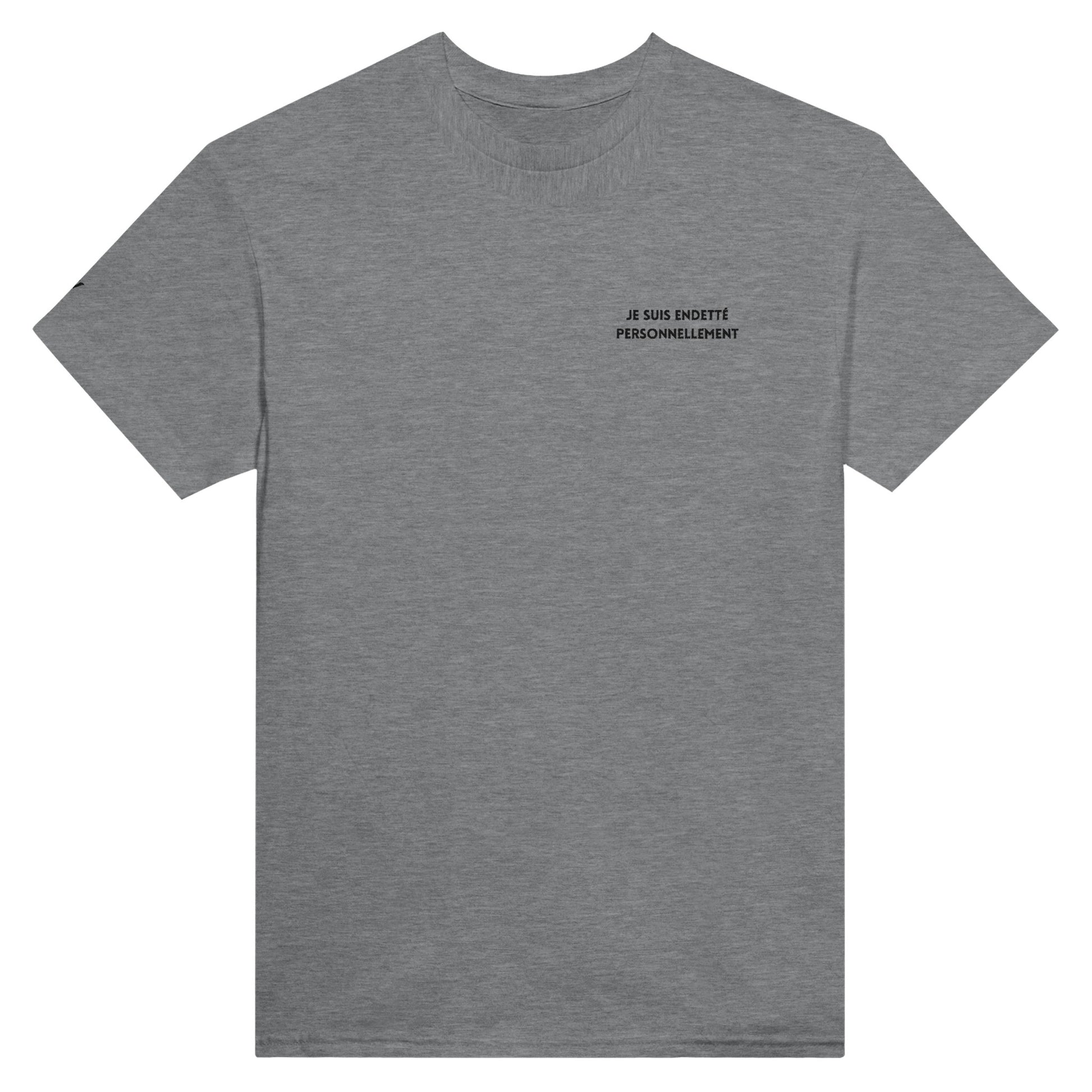 t-shirt gris je suis endette personnellement brodé référence politique macron