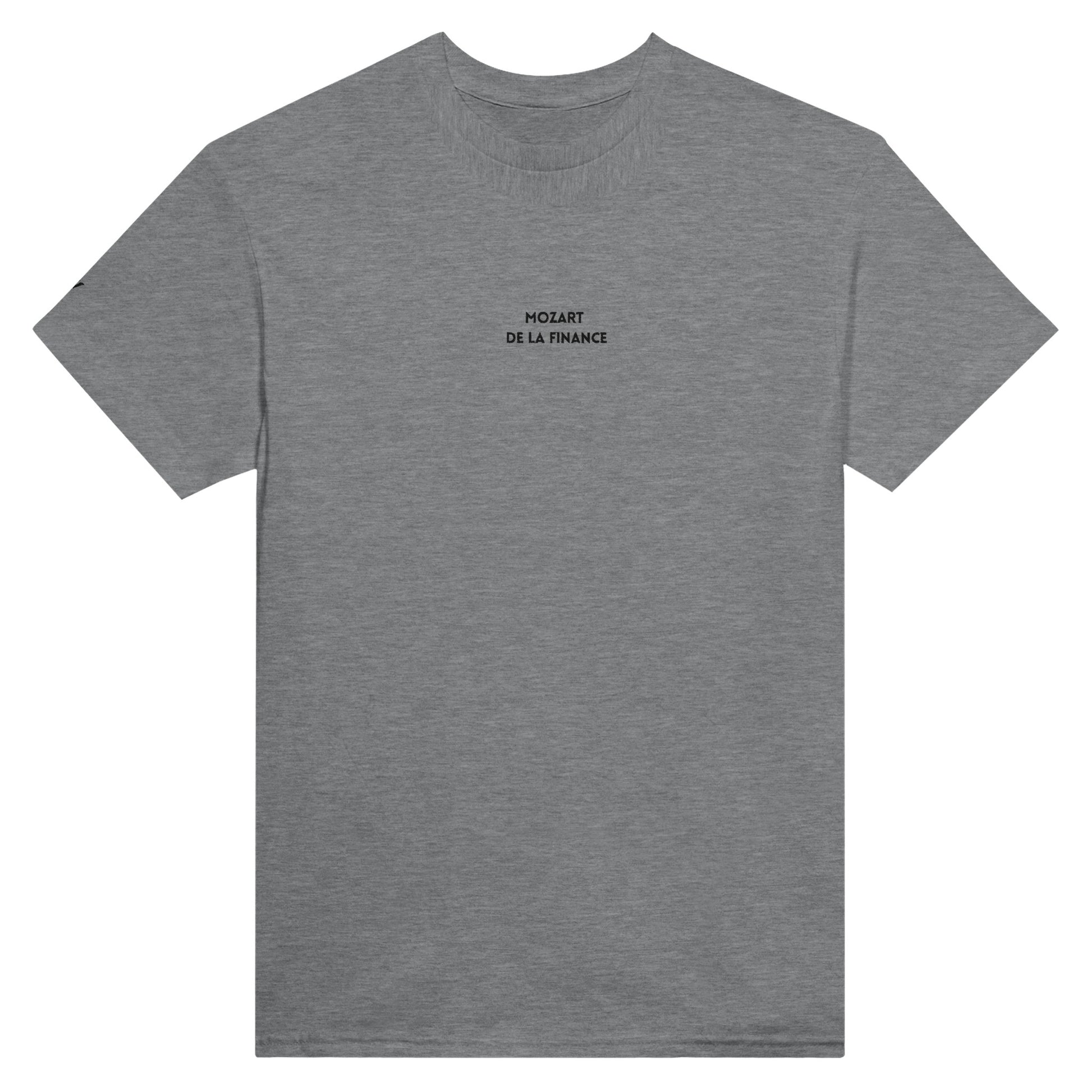t-shirt gris brodé mozart de la finance référence politique macron