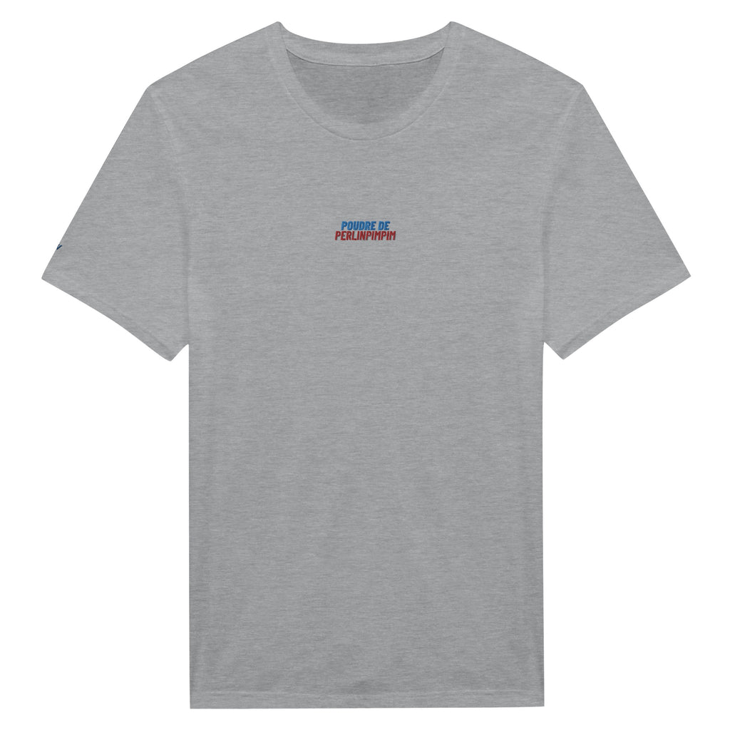 t-shirt gris clair brodé poudre de perlinpimpim reference politique macron