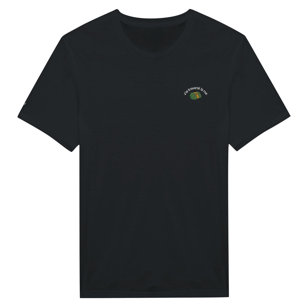t-shirt noir brodé j'ai traverse la rue reference politique macron